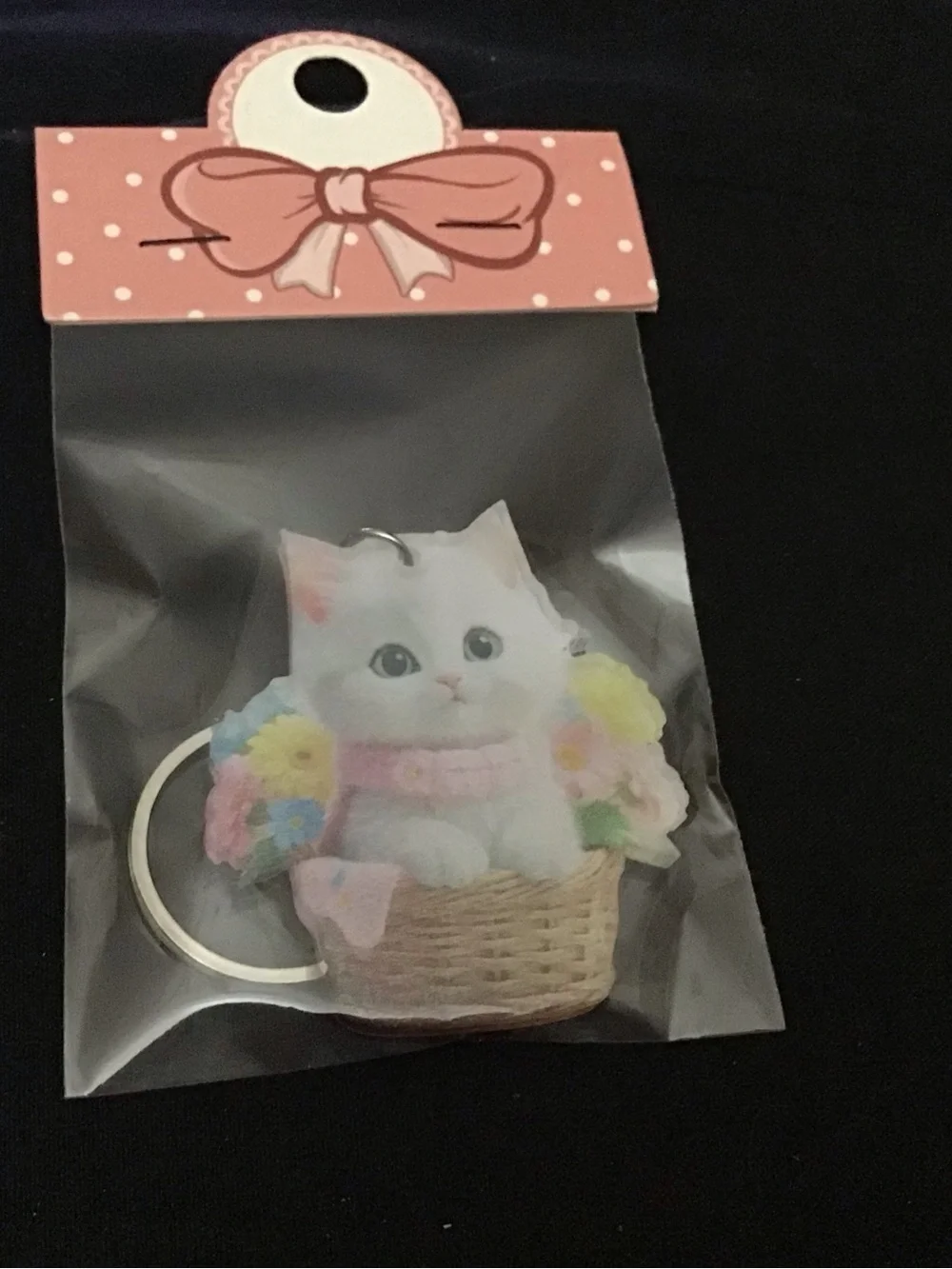 Cute White Kitten Keychain with Pastel Flowers - Pets Cat